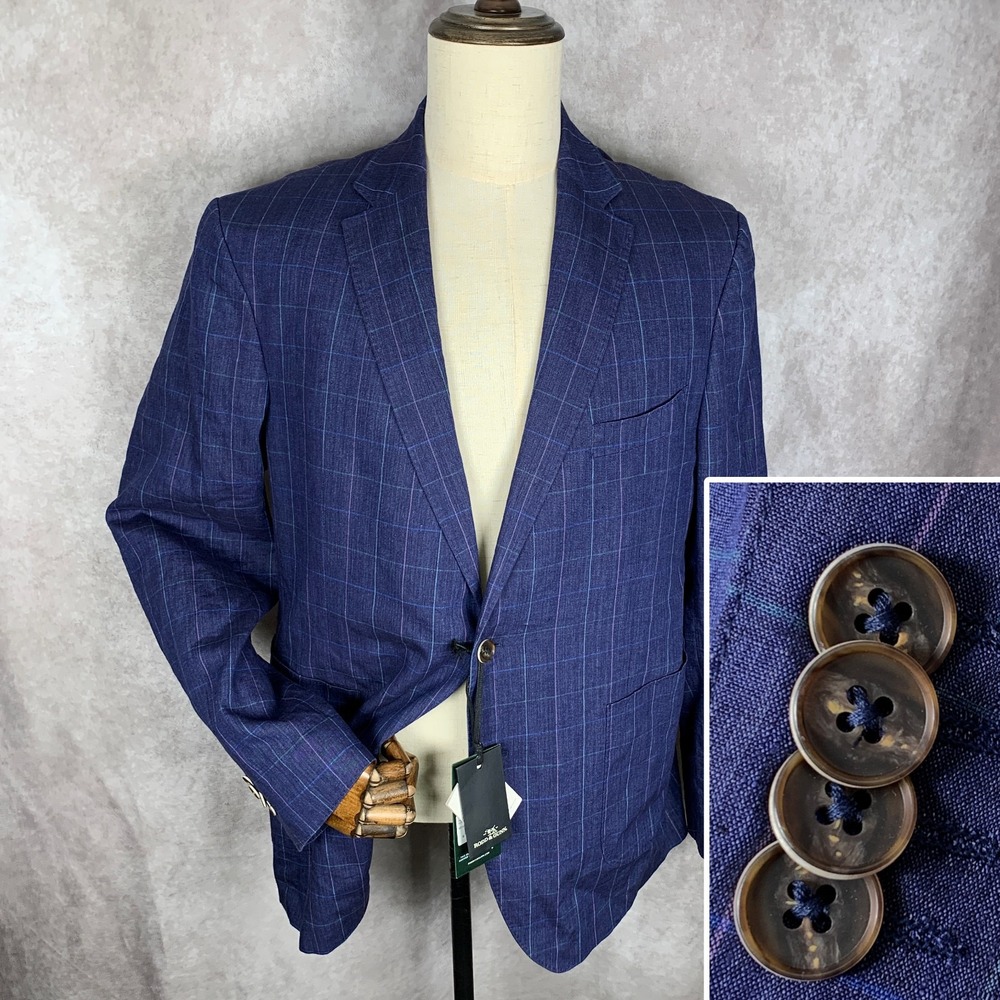 Rodd & Gunn Linen Blazer Men 2XL Blue Windowpane Elder Glacier SF Sport Coat NEW